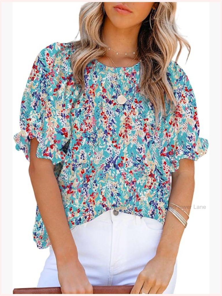 Floral Print Smocked Puff Sleeve Blouse Crewneck Babydoll Tunic Top